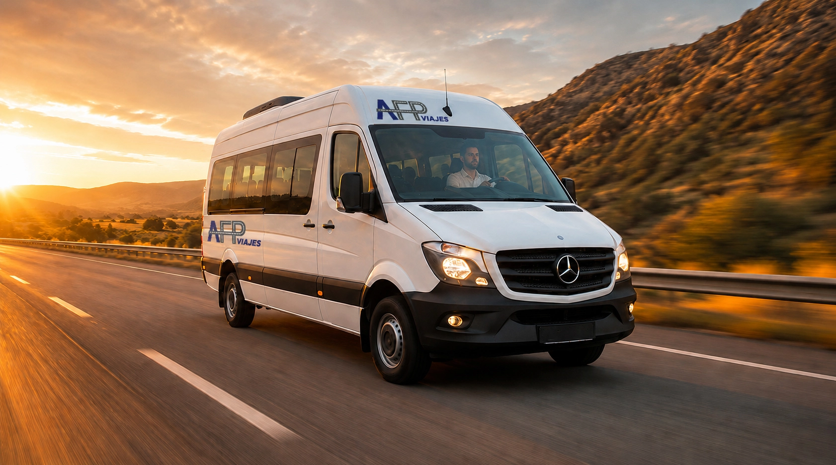 Combi corporativa AFP Viajes recorriendo la ruta al atardecer